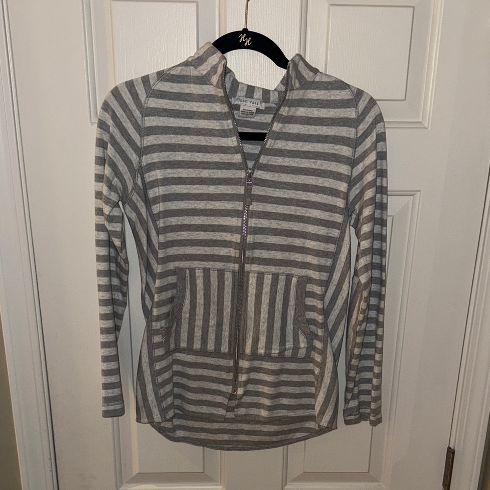Joan Vass Gray & White Striped Zip-Up Hoodie Jacket | Size 0